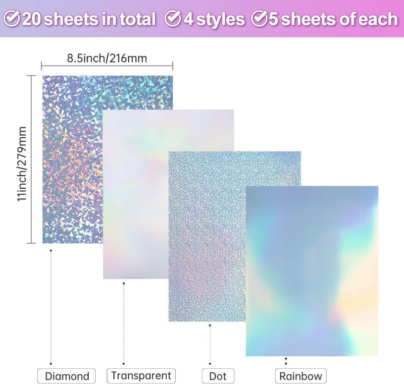 UOKHO 20 Sheets Holographic Sticker Paper for Inkjet & Laser Printer 8.5x11 inch Printable Vinyl Holographic Sticker Paper Self-Adhesive Waterproof -, Diamond, Rainbow, Dots, Transparent - Image 2
